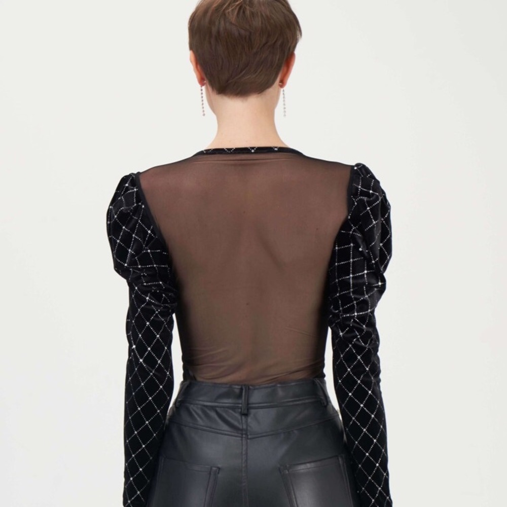 Shein mesh rhinestone puff sleeve bodysuit L new